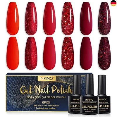 INPING UV Nagellack Rot, 6 Farben Glitzer Set, Dunkelrot Blut Maroon Burgund Gel