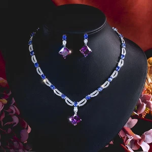 Set gioielli da sposa donna tanzanite blu goccia zircone viola placcato argento - Foto 1 di 8