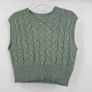 Damen Zopfmuster Weste Gr. S Cropped Grobstrick Kuschelig Cottagecore Minimalistisch Salbei - Bild 1 von 7