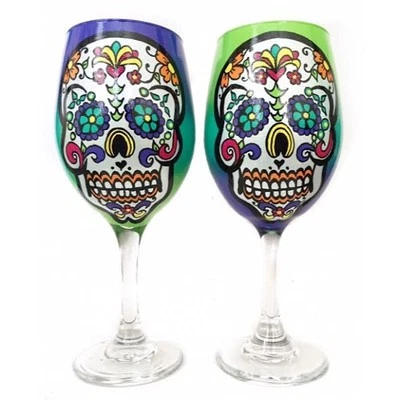 ORIGINAL Rebecca Suriano Hand Painted Sugar Skull Day of the Dead Wine Glasses - Image 1 of 3