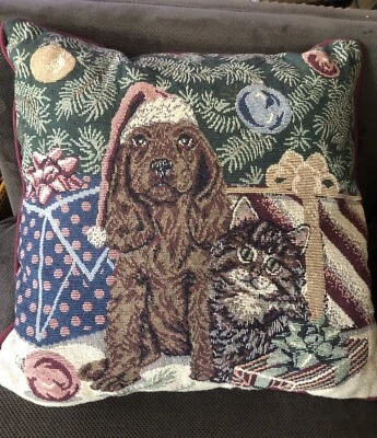Vtg Spaniel Dog Kitten Christmas Throw Pillow Decorative Needlepoint Tapestry - Image 1 of 4