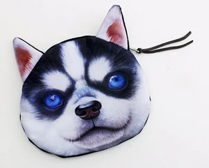 Novelty 3D Print Dog Face Coin Purse - Blue Eyed Husky Soft Animal Pocket Pouch - Picture 1 of 3