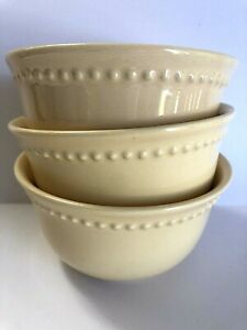 3-Pottery Barn EMMA Yellow Cereal Salad Bowls 6x3 Beaded Border Stoneware