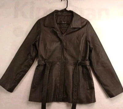 Chaqueta de cuero para mujer KC Collections mediana negra cremallera completa con cinturón de corbata Y2k Foto 1 de 4