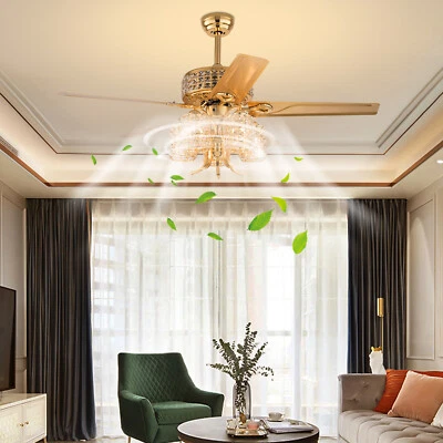 52" Retro Crystal Fan Chandelier Ceiling Fan Light 3 Speeds w/Remote Fandelier - Image 1 of 4