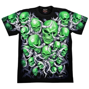 T-Shirt Green Skulls Rocker Graphic Shirt Mens Glow In The Dark Party New Year - Picture 1 of 6