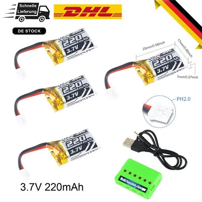 4 Stück 3,7V 220mAh LiPo-Akku 35C mit 6-in-1-Ladegerät & Kabel für RC Drohne - Bild 1 von 4