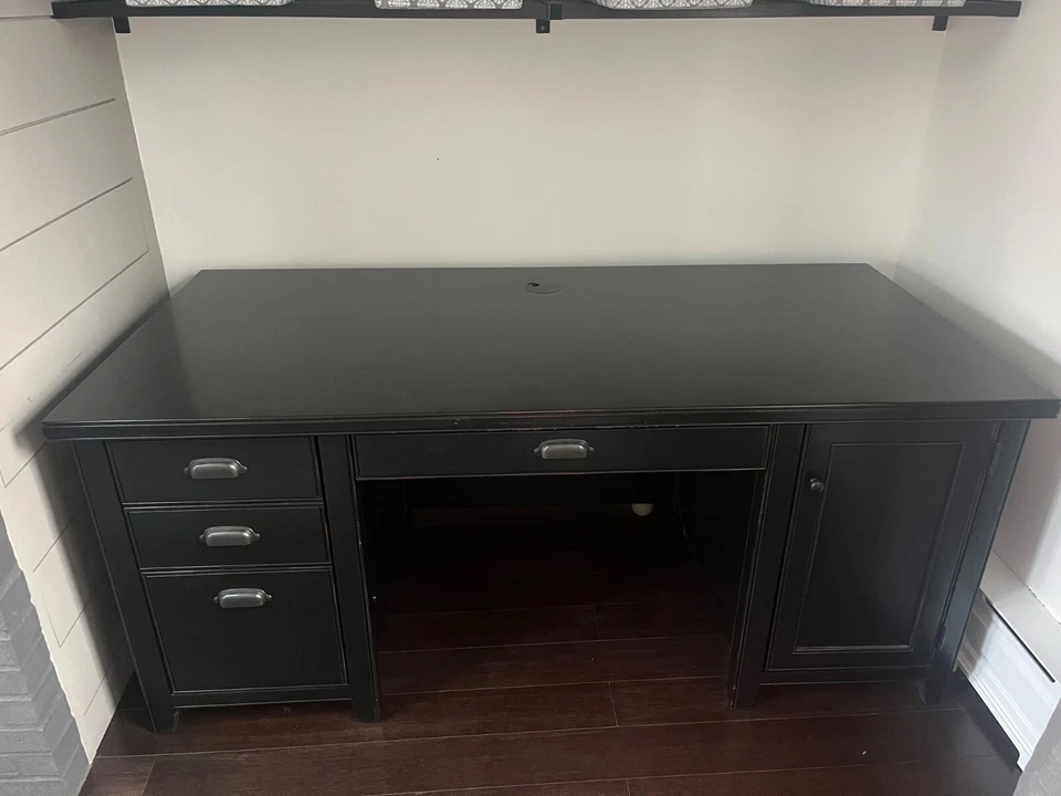Black solid wood desk with drawers,filing drawer, and cabinet with pull out tray - Image 1 of 4