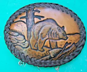 Fibbia cintura ORSO Buck vintage in pelle lavorata a mano animale cowboy occidentale 4"x3" - Foto 1 di 3