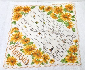 Vintage Hankies Kansas State Map w Yellow Flowers 12.5 Inch Scalloped - Picture 1 of 3