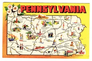 Vintage 1953 Karte von Pennsylvania Keystone State UNBENUTZT Chrom Souvenir POSTKARTE! - Bild 1 von 2