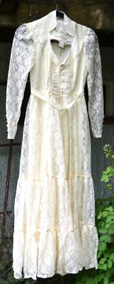 Maxi Vestido Corsé Gunne Sax Talla 5 Marfil Vestido de Boda Vintage Años 70 Pradera Encaje Foto 1 de 4