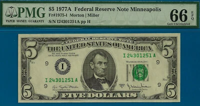 1977A $5 Federal Reserve Note PMG 66EPQ Minneapolis Top Pop - Image 1 of 3