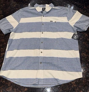 Volcom Men's Button Down Shirt Blue White Gray Striped Short Sleeve Size 2XL NWT - Picture 1 of 8