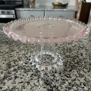 Candlewick Style Small Cake Plate Pink; Clear Glass Pedestal Foot Beaded Edge - Picture 1 of 4