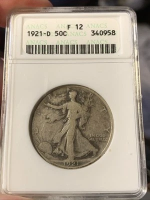 1921 年 D 版行走自由女神半美元 ~ 旧肥皂盒 ~ ANACS F12 — 第 1/4 张图片