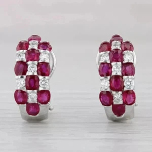 2Ct Oval Cut Lab-Created Ruby 14K White Gold Plated Omega Back Hoop Earrings - Picture 1 of 3