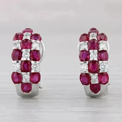 2Ct Oval Cut Lab-Created Ruby 14K White Gold Plated Omega Back Hoop Earrings - Image 1 of 3