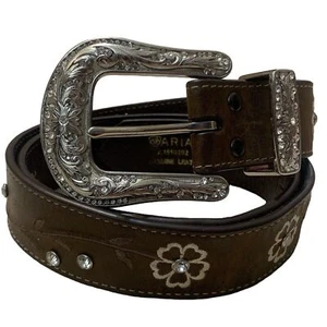 Ariat Brown Floral Rhinestone Genuine Leather Silver Buckle Western Concho Belt - Picture 1 of 6