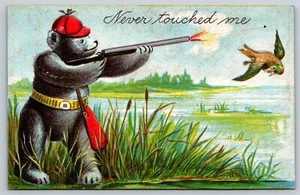 Never Touched Me Anthropomorphic Bear Hunting Duck Postcard Humor Embossed - Picture 1 of 3