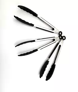 7 Inch Mini Kitchen Tongs, Pack of 3, Stainless Steel with Silicone Tips, Black - Picture 1 of 10