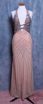 PRECIOUS FORMALS BLUSH GOLD BLUE BEADED SEQUINS MESH PROM FORMAL GOWN DRESS M - Image 1 of 4