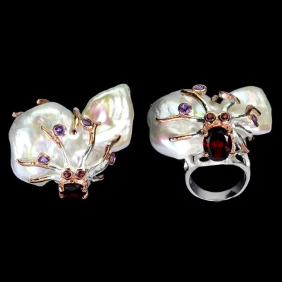 925 Sterling Silver Ring Pearl Amethyst Rhodolite Handmade Octopus Jewelry 7 - Image 1 of 4