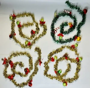 Vintage Christmas Tinsel Garland w/ Ornaments Gold & Green Lot Of 4 60” Each - Picture 1 of 10