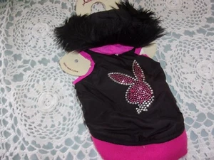 PLAYBOY HOODIE Pink BLK RABBIT HEAD Fur Vest Jacket Small 9" licensed new S - Picture 1 of 3