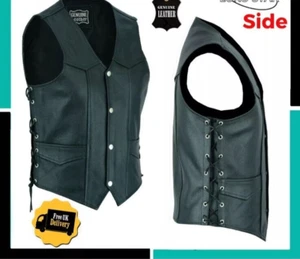 Mens Genuine Leather 10 Pockets Style Motorcycle Biker Vest Laces Black New - Picture 1 of 11