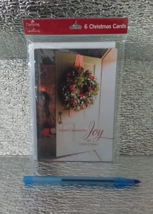HEART-WARMING JOY AT CHRISTMAS DOOR AND WREATH HALLMARK GREETING CARDS PACK OF 6 - Picture 1 of 5