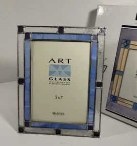 Malden Handmade Leaded Art Glass Photo Frame 5" x 7 " Light Blue and Clear Panel - Picture 1 of 7