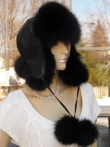 STUNNING BLACK FOX FUR LEATHER TROOPER TRAPPER USHANKA HAT NEW - Picture 1 of 4