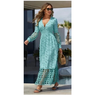 Maxi Vestido Boston Proper X-L Verde Menta Forrado Algodón Ojales Encaje Cabaña Foto 1 de 4