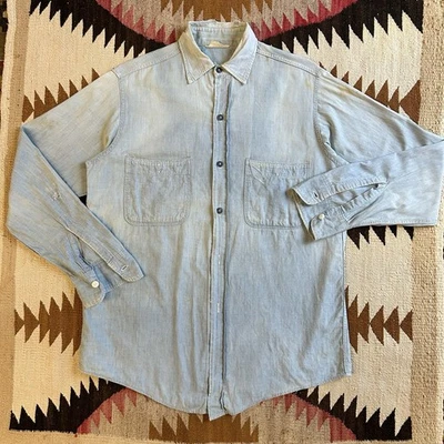 Vintage 1950s Penneys Sanforized Cotton Chambray Shirt Sz L - Faded & Distressed - Image 1 of 4