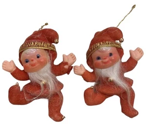 2 VINTAGE FLOCKED PIXIE ELF COLLECTION RED DANCING ELF CHRISTMAS ORNAMENTS - Picture 1 of 8