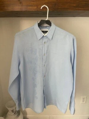 BUGATCHI UOMO XL Blue Long Sleeve Dress Shirt 100% Linen - Image 1 of 4