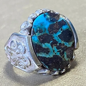 925 Sterling Silver Men's Ring Natural Turquoise Stone Handmade Statement Ring - Picture 1 of 7