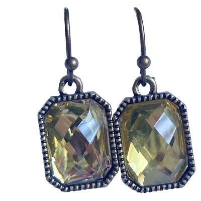 Jeweled Emerald Cut Yellow Topaz Crystal Earrings Brass Gold Tone Dangle - Image 1 of 4