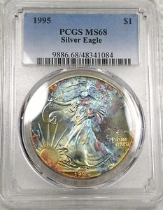 1995 AMERICAN SILVER EAGLE   PCGS MS 68   GORGEOUS  COLORFUL  2 SIDE TONING - Picture 1 of 2