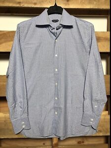$670 Tom Ford 100% Cotton Shirt Blue Micro Plaid Sz 44 17.5