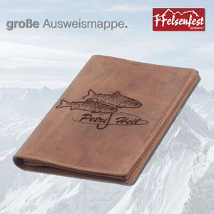 Ausweishülle Angelschein Mappe Leder Fisch-Motiv Leder Ausweisetui für Angler - Picture 1 of 5