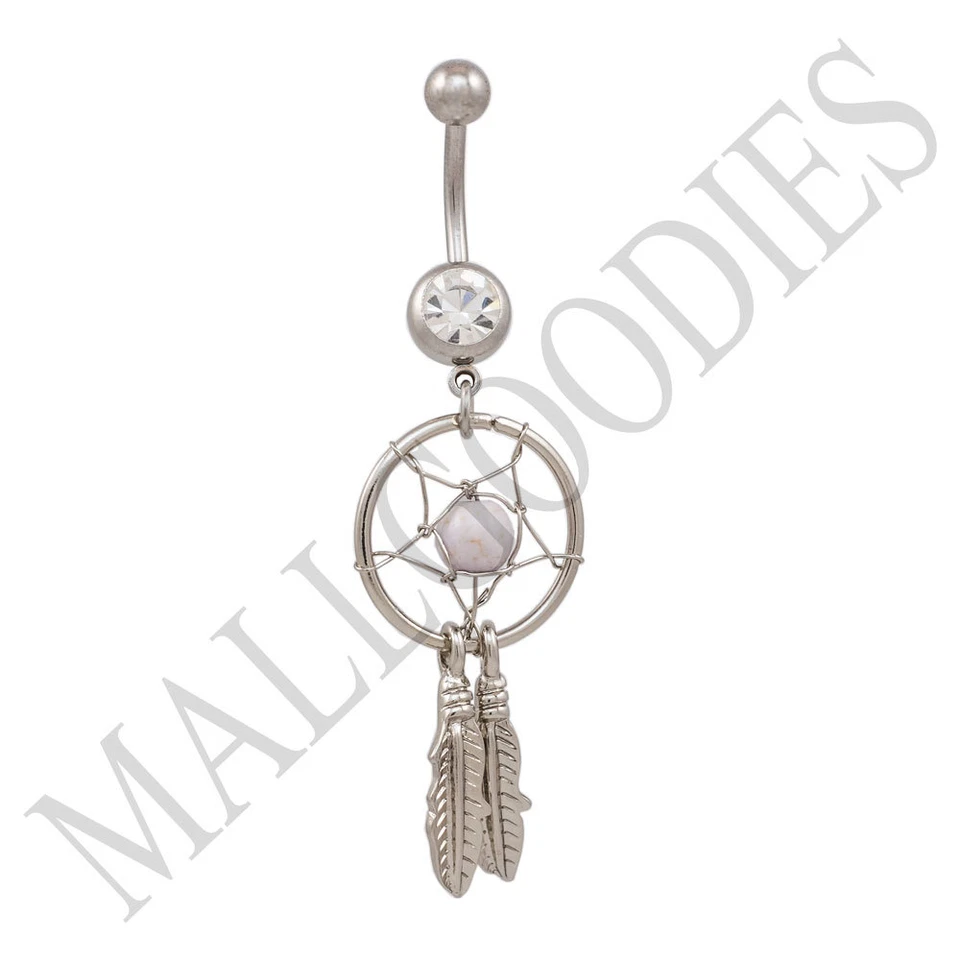 B103 Off White Dreamcatcher Dream Catcher 肚脐环 羽毛珠 手术 — 第 1/1 张图片