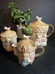 De colección Takahashi Cerámica Gatito Gato y Conejo Casa Tetera Azúcar y Crema - Imagen 1 de 19
