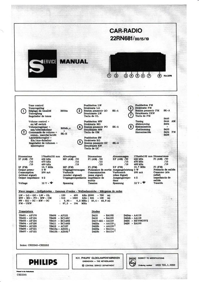 Servizio Manuale di Istruzioni per Philips 22 Rn 681 - Immagine 1 di 1