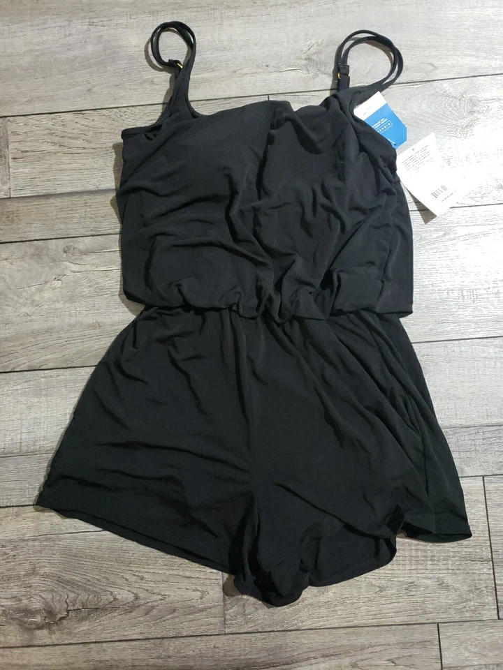 Maxine of Hollywood Womens Black Solid Tricot One-piece Swim Romper Size 10