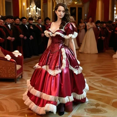 Luxurious Red Special Victorian Ball Gown Medieval Ruffled A-Line Elegant  - Image 1 of 4