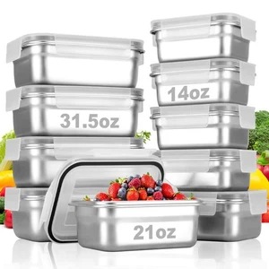 10 Pz Contenitori Quadrati per Alimenti in Acciaio Inox 304 con Coperchi, Ermetici Bento Lu... - Foto 1 di 7