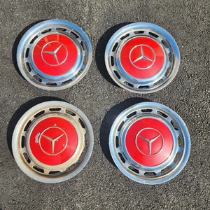 Vintage set of 4 Mercedes Benz Hub Caps 15 3/8" wide Red With Clips - Picture 1 of 12