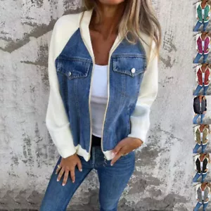 Damen Jeansjacke mit Strickärmeln, lässiger Jeansmantel mit Reißverschluss für Herbstmode - Bild 1 von 18